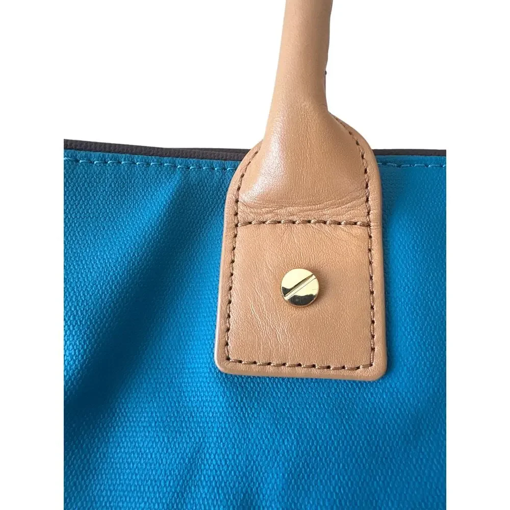 Tory Burch Jaden Tote Blue Canvas Coconut Tan Leather Shopper Bag